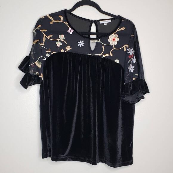 Pleione Tops - Pleione| Black Embroidered Mesh Velvet Blouse